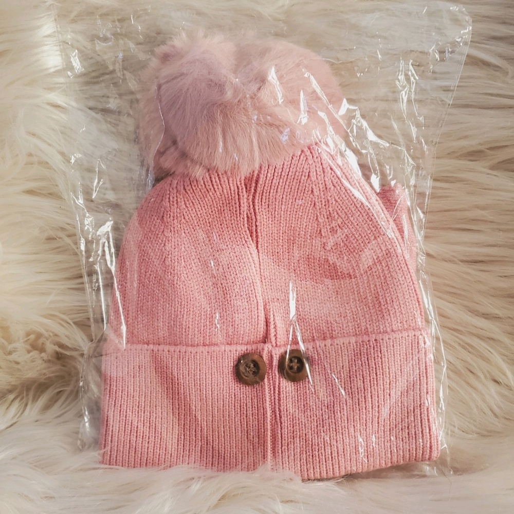 Women's Pink Knit Hat With Pom Pom & Matching Mask - Picture 8 of 13